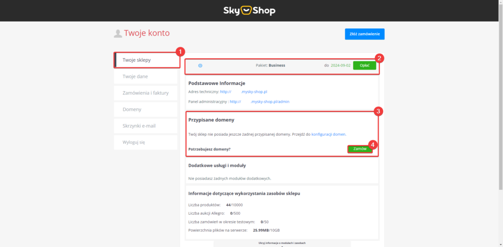 Zakup domeny przez panel Sky-Shop