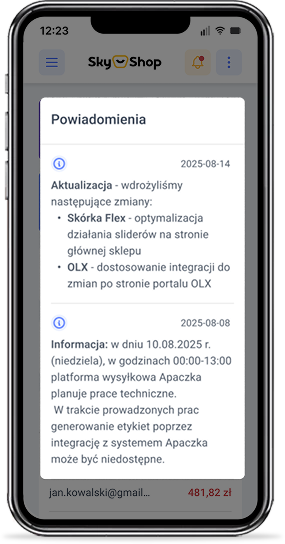 powiadomienia o nowosciach w oprogramowaniu sky shop